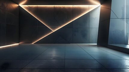 Captivating Dark Geometric Space with Sleek 3D Wall Design and Dramatic Stripped Lighting