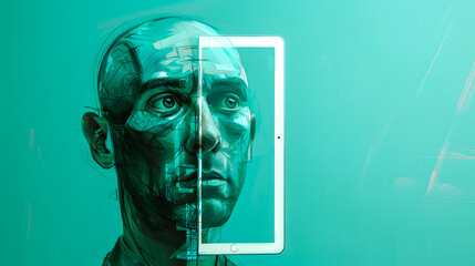 Tête d'homme avec un demi tablette placée devant son visage - obrazy, fototapety, plakaty