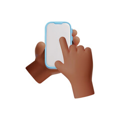 Holding smartphone in two hands 3D vector, index finger touching mobile device empty screen, scrolling, swipe or click