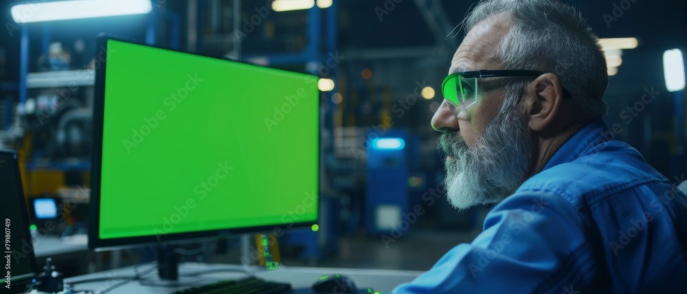 Poster senior engineer in glasses working on a desktop computer in a factory with a green screen.