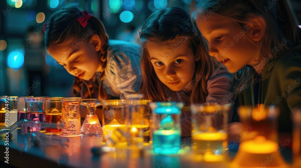 Poster children engaged in hands on science experiments and in an interactive educational setting