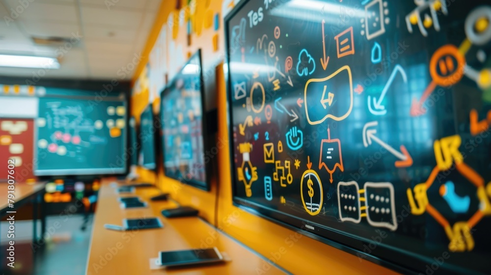 Poster digital educational board displaying variety of symbols used in teaching and learning process
