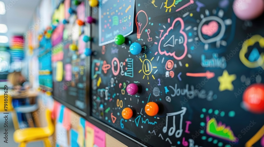 Poster vibrant digital chalkboard displaying educational symbols and graphics for classroom teaching and le