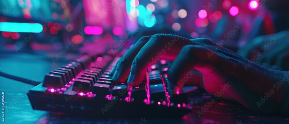 Poster close-up of rows of gamer's hands on keyboards, actively activating buttons while playing mmo games 