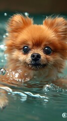 Generative AI : pomeranian dog swimming in swimming pool at summer - obrazy, fototapety, plakaty