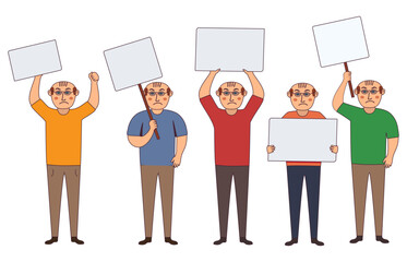 Male activist character.Hand holding empty banner.Man holding clean placard.Isolated on white background. Vector flat illustration.A political protest. People at the rally.