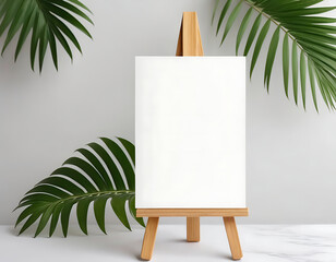Blank vertical card mockup and palm leaves, empty white card or poster on small wooden easel for wedding stationery, party invitation, greeting card or thank you card design - obrazy, fototapety, plakaty