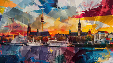Creative and colorful collage featuring the iconic landmarks of Hamburg, Germany with a unique artistic twist
