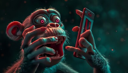 A humorous shot of a monkey trying to use a smartphone, its fingers fumbling awkwardly across the touchscreen, evoking a sense of humanlike curiosity - obrazy, fototapety, plakaty