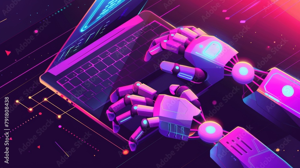 Poster digital assistant with artificial intelligence typing messages in support chat. isometric robot hand