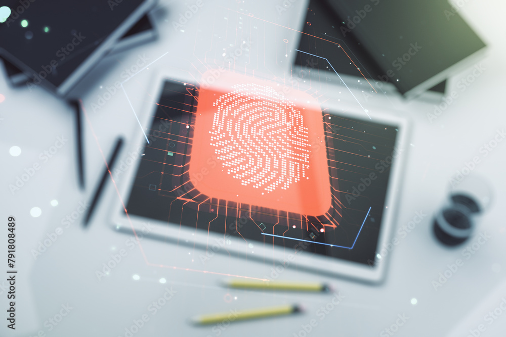 Poster double exposure of abstract creative fingerprint hologram and modern digital tablet on background, p
