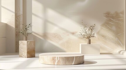 The set consists of a marble podium, a geometric abstract gallery platform, blank product stands, and realistic 3D moderns of a variety of objects.