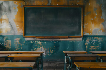 Uneducated and poor student on closed school. Broken black board.
Unhappy student in old classroom include old desks, a dusty blackboard, torn textbooks, and school. - obrazy, fototapety, plakaty