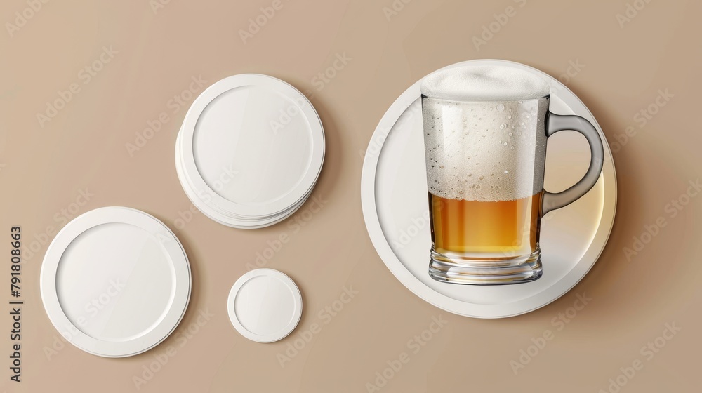 Poster an empty beer glass mug and a set of white circle coasters in a stack and a top view. modern mockup 