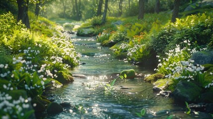 Enchanting Forest Brook with Lush Greenery and Sunlight Reflections - obrazy, fototapety, plakaty