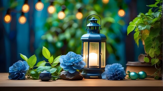 Comfortable setup featuring a blue-flowering plant, lamps, and a wooden table with a green backdrop texture. Blooming flowers and a lantern on a bokeh background of the natural world. Warm autumnal ev
