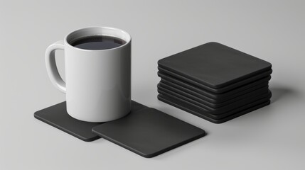 The realistic 3D modern mockup shows a black coaster for a cup, and blank cardboard mats for a cup of square or round shape. The mockup shows a stack of black coasters for a cup or tankard, and black