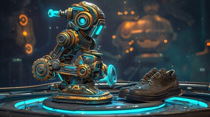 A nostalgic shot of an antique windup robot diligently polishing a pair of wornout shoes, its gears whirring with a sense of timeless dedication - obrazy, fototapety, plakaty