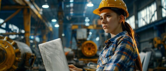 In the background are a variety of metalwork project parts lying on the ground and a female industrial engineer using her laptop computer while standing in a factory while wearing a hard hat.