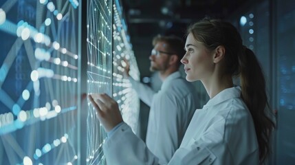 Dynamic male and female scientists analyzing data on futuristic digital interface in high-tech laboratory, symbolizing innovation and collaboration in science.