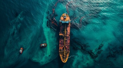 Majestic aerial view of rustic cargo ship surrounded by turquoise ocean waves, flanked by two smaller boats, vibrant maritime theme. Copy space.