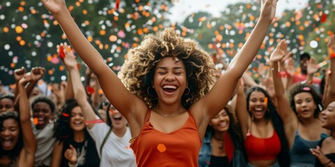 Joyful young woman with curly hair celebrating at summer festival with diverse friends, vibrant colors, festival vibe.