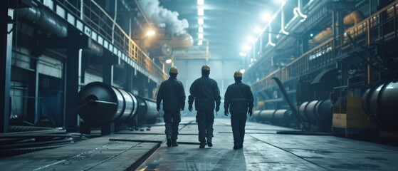 The following picture shows three engineers walking through a heavy industry manufacturing facility. Behind them is welding work in progress, various metal work, and components of a pipeline or - Powered by Adobe