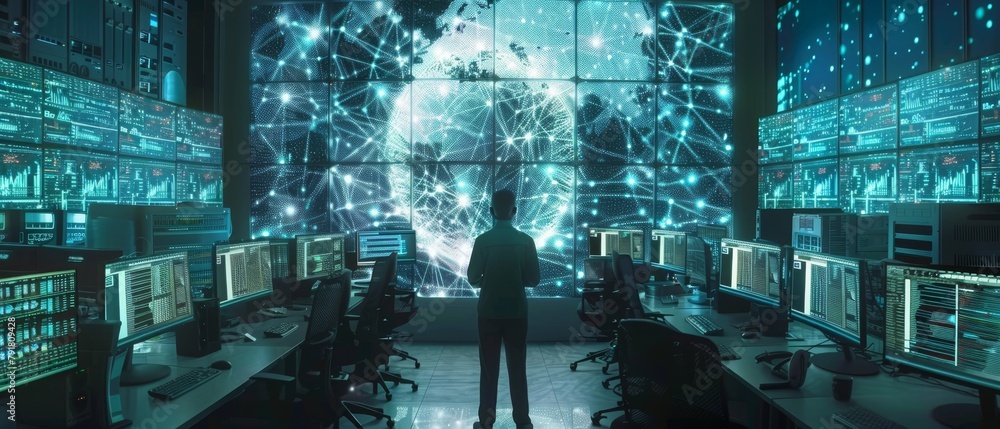 Poster technician operates multiple screens in the system control data center. the room is bright and crowd