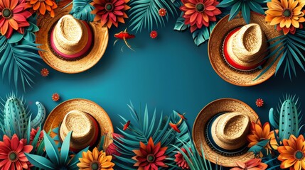 Cinco de mayo mexican fiesta. Sombrero hat, cactus and flowers background, copy space - 791810064