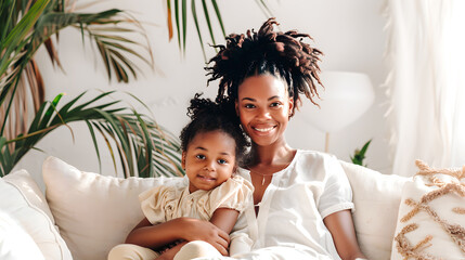 Jeune femme noire posant avec sa petite fille dans le canapé du salon