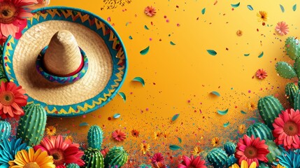 Cinco de mayo mexican fiesta. Sombrero hat, cactus and flowers background, copy space