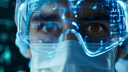 A doctor working with futuristic medical in hospital, looking disease and illness on monitor laboratory in the future technological digital. Medical and technology concept