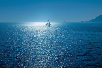 A serene blue sea with a ship sailing in the distance ,close-up,ultra HD,digital photography - obrazy, fototapety, plakaty