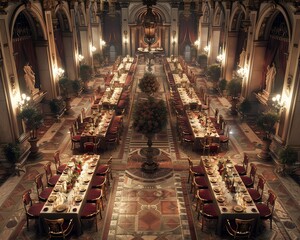 Capture a mesmerizing aerial view of a grand banquet hall featuring historical dishes inspired by the Renaissance era, using photorealistic digital rendering