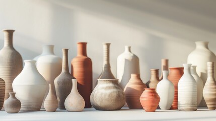 Elegant Assortment of Ceramic Vases on Display Shelf with Sunlight