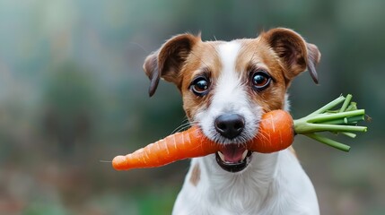 Cheerful Canine Enjoying Crisp Carrot Snack Outdoors - obrazy, fototapety, plakaty
