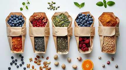 Full paper bag of different health food on a white background, Top view, Flat lay