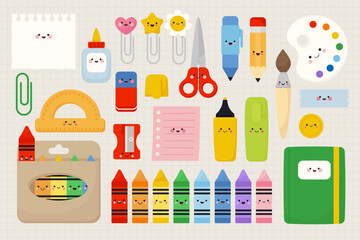 Cute school supplies characters set. Vector illustrations in kawaii style