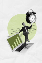Photo cartoon comics sketch collage picture of excited guy showing modern device startup...