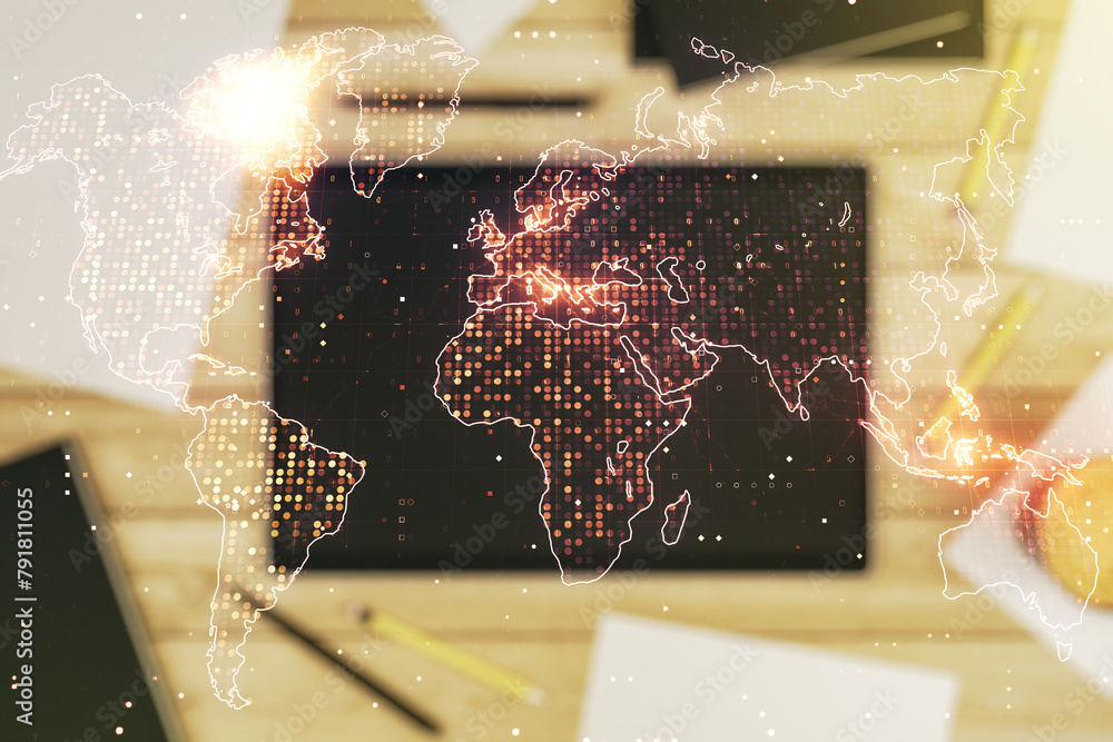Leinwandbilder multi exposure of abstract graphic world map and modern digital tablet on desktop on background, top