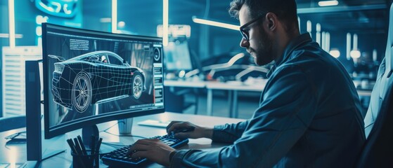 It is a bright and modern office where an automotive engineer works on his personal computer, perfecting the prototype sketch for a new car model.
