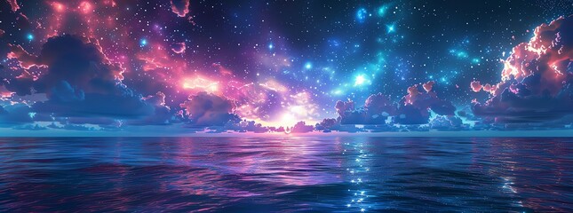 A surreal, futuristic dream world where the oceans glimmer like starlight and the sky blooms with celestial colors ,