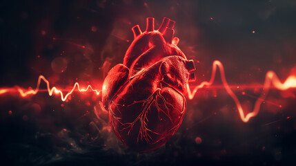 Human heart with red cardio pulse line, Human heart with cardiogram for medical heart health care background, 3D Illustration, Medical and technology concept
