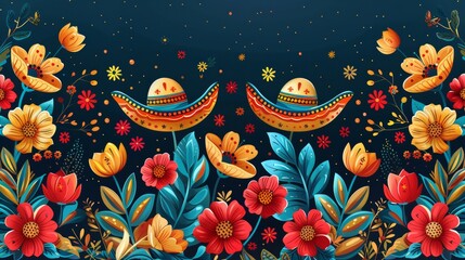 Cinco de mayo mexican fiesta. Sombrero hat, cactus and flowers background