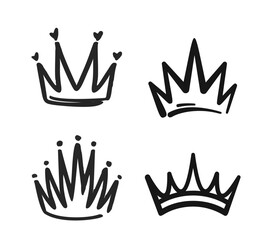 Doodle Crowns, Playful, Quirky Hand-drawn Diadems, Tiaras, And Regal Headpieces. Monochrome Vector Graphics © Pavlo Syvak