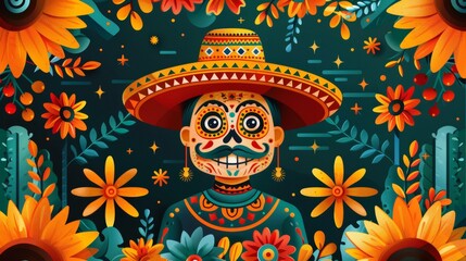 Cinco de mayo mexican fiesta. Sombrero hat, cactus and flowers background - 791811080