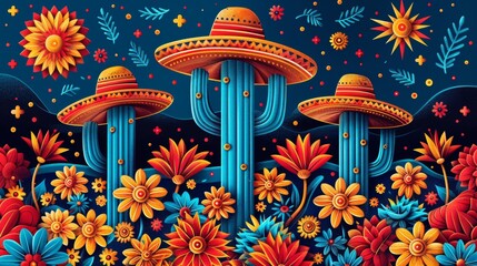 Cinco de mayo mexican fiesta. Sombrero hat, cactus and flowers background - 791811092
