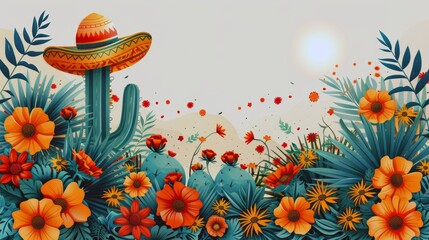 Cinco de mayo mexican fiesta. Sombrero hat, cactus and flowers background - 791811258