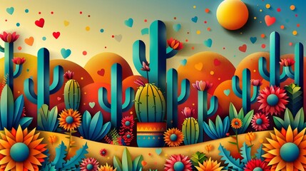 Cinco de mayo mexican fiesta. Sombrero hat, cactus and flowers background - 791811262