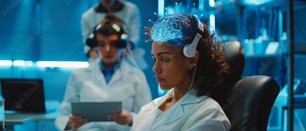 Aufkleber during the modern brain study laboratory, monitors display the eeg reading and the brain model as th